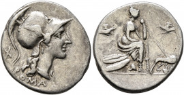 Anonymous, 115-114 BC. Denarius (Silver, 20.5 mm, 3.89 g, 5 h), Rome. ROMA Head of Roma to right, wearing winged and crested Corinthian helmet; behind...