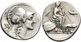 Anonymous, 115-114 BC. Denarius (Silver, 20 mm, 3.91 g, 9 h), Rome. ROMA Head of Roma to right, wearing winged and crested Corinthian helmet; behind, ...