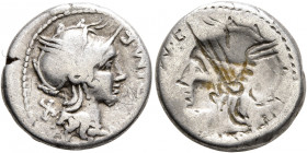 M. Cipius M.f, 115-114 BC. Denarius (Silver, 17 mm, 3.84 g, 12 h), brockage mint error, Rome. [M•CI]PI•M•F Head of Roma to right, wearing winged helme...