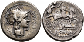 M. Cipius M.f, 115-114 BC. Denarius (Silver, 18 mm, 3.89 g, 5 h), Rome. M•CIPI•M•F Head of Roma to right, wearing winged helmet; behind, X (mark of va...