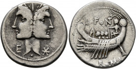 C. Fonteius, 114-113 BC. Denarius (Silver, 20 mm, 3.87 g, 1 h), Rome. Laureate, janiform head of the Dioscuri; to lower left, E; to lower right, star ...