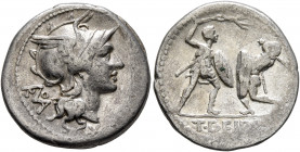 T. Didius, 113-112 BC. Denarius (Silver, 20 mm, 3.88 g, 3 h), Rome. Head of Roma to right, wearing crested and winged helmet; behind, monogram of ROMA...