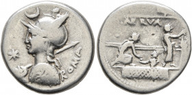 P. Nerva, 113-112 BC. Denarius (Silver, 18 mm, 3.83 g, 12 h), Rome. ROMA Bust of Roma to left, wearing helmet decorated with crescent above, holding s...