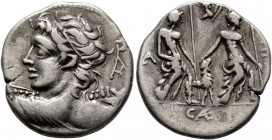 Lucius Caesius, 112-111 BC. Denarius (Silver, 19.5 mm, 3.84 g, 12 h), Rome. Draped bust of Vejovis to left, seen from behind, hurling thunderbolt with...