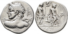 Lucius Caesius, 112-111 BC. Denarius (Silver, 20 mm, 3.87 g, 5 h), Rome. Draped bust of Vejovis to left, seen from behind, hurling thunderbolt with hi...