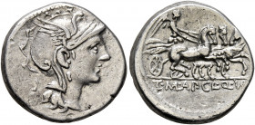 T. Manlius Mancinus, Appius Claudius Pulcher and Q. Urbinus, 111-110 BC. Denarius (Silver, 18 mm, 3.84 g, 9 h), Rome. Head of Roma to right, wearing w...