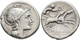 L. Flaminius Chilo, 109-108 BC. Denarius (Silver, 19 mm, 3.85 g, 9 h), Rome. ROMA Head of Roma to right, wearing winged helmet; before, X (mark of val...