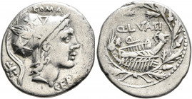 Q. Lutatius Cerco, 109-108 BC. Denarius (Silver, 20 mm, 3.82 g, 12 h), Rome. ROMA / CER[CO] Head of Roma to right, wearing crested helmet decorated wi...