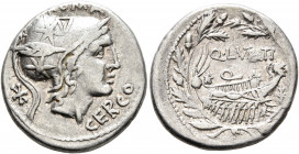 Q. Lutatius Cerco, 109-108 BC. Denarius (Silver, 18 mm, 3.84 g, 3 h), Rome. ROMA / CERCO Head of Roma to right, wearing crested helmet decorated with ...
