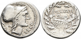 Q. Lutatius Cerco, 109-108 BC. Denarius (Silver, 19 mm, 3.79 g, 8 h), Rome. ROMA / CERCO Head of Roma to right, wearing crested helmet decorated with ...