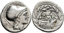 Q. Lutatius Cerco, 109-108 BC. Denarius (Silver, 20 mm, 3.71 g, 1 h), Rome. ROMA / CERCO Head of Roma to right, wearing crested helmet decorated with ...