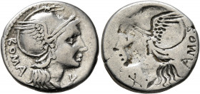 L. Flaminius Chilo, 109-108 BC. Denarius (Silver, 19 mm, 3.86 g, 12 h), brockage mint error, Rome. ROMA Head of Roma to left, wearing winged helmet; b...