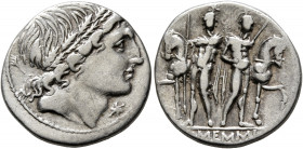 L. Memmius, 109-108 BC. Denarius (Silver, 19 mm, 3.79 g, 5 h), Rome. Male head to right, wearing oak wreath; below chin, star (mark of value). Rev. L•...