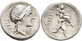 M. Herennius, 108-107 BC. Denarius (Silver, 18 mm, 3.83 g, 12 h), Rome. PIE TA S Diademed head of Pietas to right; below chin, pellet over E. Rev. M• ...