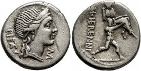M. Herennius, 108-107 BC. Denarius (Silver, 19 mm, 3.93 g, 11 h), Rome. PIE TA S Diademed head of Pietas to right; below chin, M. Rev. M• HE RENNI One...