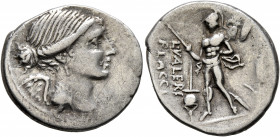 L. Valerius Flaccus, 108-107 BC. Denarius (Silver, 20 mm, 3.91 g, 4 h), Rome. Draped bust of Victory to right. Rev. L•VALERI / FLACCI Mars standing le...