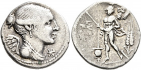 L. Valerius Flaccus, 108-107 BC. Denarius (Silver, 20 mm, 3.86 g, 3 h), Rome. Draped bust of Victory to right; before, ✱. Rev. L•VALERI / FLACCI Mars ...