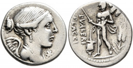 L. Valerius Flaccus, 108-107 BC. Denarius (Silver, 19 mm, 3.84 g, 3 h), Rome. Draped bust of Victory to right; before, ✱. Rev. L•VALERI / FLACCI Mars ...