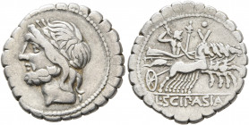 L. Scipio Asiagenus, 106 BC. Denarius (Silver, 19 mm, 3.76 g, 9 h), Rome. Laureate head of Jupiter to left. Rev. L•SCIP•ASIAG Jupiter driving gallopin...