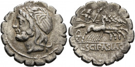 L. Scipio Asiagenus, 106 BC. Denarius (Silver, 19 mm, 3.54 g, 1 h), Rome. Laureate head of Jupiter to left. Rev. L•SCIP•ASIAG Jupiter driving gallopin...