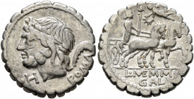 L. Memmius Galeria, 106 BC. Denarius (Silver, 18 mm, 3.83 g, 5 h), Rome. ROMA Laureate head of Saturn to left; behind, harpa; before, H. Rev. L• ME MI...
