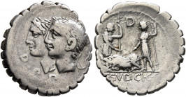 C. Sulpicius C.f. Galba, 106 BC. Denarius (Silver, 19 mm, 3.65 g, 1 h), Rome. D•P•P Jugate, laureate heads of the Dei Penates to left. Rev. D / C•SVLP...