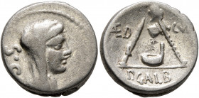 C. Sulpicius C.f. Galba, 106 BC. Denarius (Silver, 17 mm, 3.88 g, 5 h), Rome. Veiled and diademed head of Vesta to right; behind, S•C. Rev. AED– CVR /...