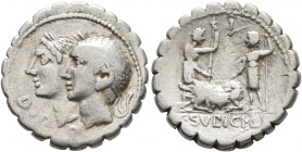 C. Sulpicius C.f. Galba, 106 BC. Denarius (Silver, 19 mm, 4.00 g, 10 h), Rome. D•P•P Jugate, laureate heads of the Dei Penates to left. Rev. I / C•SV ...