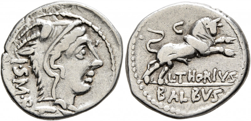 L. Thorius Balbus, 105 BC. Denarius (Silver, 20 mm, 3.84 g, 3 h), Rome. I•S•M•R ...