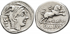 L. Thorius Balbus, 105 BC. Denarius (Silver, 20 mm, 3.84 g, 3 h), Rome. I•S•M•R Head of Juno Sospita to right, wearing goat-skin headdress. Rev. L•THO...