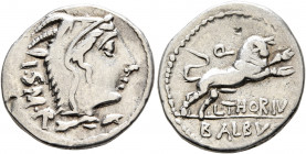 L. Thorius Balbus, 105 BC. Denarius (Silver, 20 mm, 3.84 g, 3 h), Rome. I•S•M•R Head of Juno Sospita to right, wearing goat-skin headdress. Rev. L•THO...