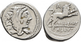 L. Thorius Balbus, 105 BC. Denarius (Silver, 20 mm, 3.94 g, 8 h), Rome. I•S•M•R Head of Juno Sospita to right, wearing goat-skin headdress. Rev. L•THO...