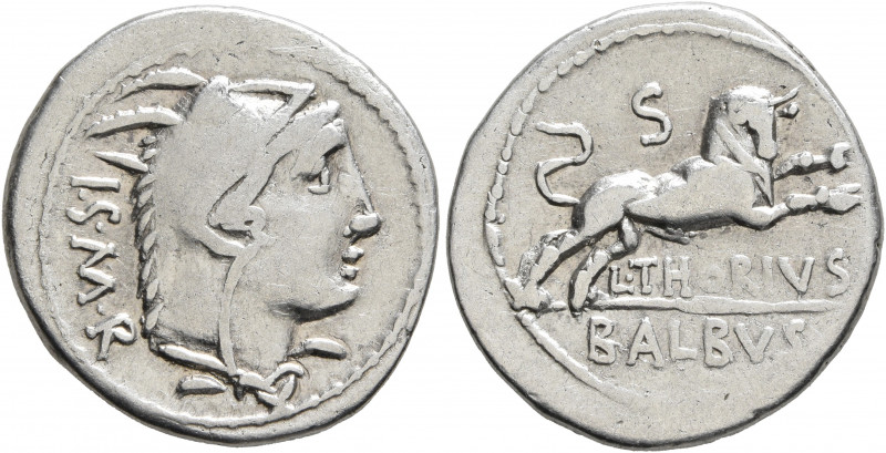 L. Thorius Balbus, 105 BC. Denarius (Silver, 21 mm, 4.00 g, 6 h), Rome. I•S•M•R ...