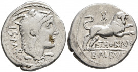 L. Thorius Balbus, 105 BC. Denarius (Silver, 21 mm, 3.94 g, 9 h), Rome. I•S•M•R Head of Juno Sospita to right, wearing goat-skin headdress. Rev. L•THO...