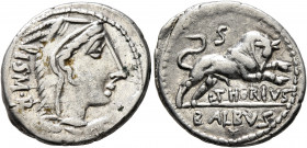 L. Thorius Balbus, 105 BC. Denarius (Silver, 21 mm, 3.93 g, 6 h), Rome. I•S•M•R Head of Juno Sospita to right, wearing goat-skin headdress. Rev. L•THO...