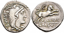 L. Thorius Balbus, 105 BC. Denarius (Silver, 19 mm, 3.95 g, 3 h), Rome. I•S•M•R Head of Juno Sospita to right, wearing goat-skin headdress. Rev. L•THO...