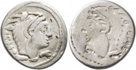 L. Thorius Balbus, 105 BC. Denarius (Silver, 19 mm, 3.76 g, 12 h), brockage mint error, Rome. I•S•M•R Head of Juno Sospita to right, wearing goat-skin...
