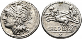 C. Coelius Caldus, 104 BC. Denarius (Silver, 19 mm, 3.92 g, 1 h), Rome. Head of Roma to left, wearing winged helmet. Rev. CALD / X Victory driving fas...