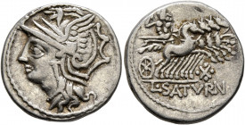 Lucius Appuleius Saturninus, 104 BC. Denarius (Silver, 19 mm, 3.88 g, 10 h), Rome. Head of Roma to left, wearing winged helmet. Rev. L•SATVRN Saturn d...