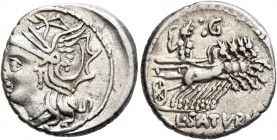 Lucius Appuleius Saturninus, 104 BC. Denarius (Silver, 19 mm, 4.00 g, 9 h), Rome. Head of Roma to left, wearing winged helmet. Rev. L•SATVRN Saturn dr...