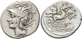Lucius Appuleius Saturninus, 104 BC. Denarius (Silver, 20 mm, 3.87 g, 8 h), Rome. Head of Roma to left, wearing winged helmet. Rev. L•SATVRN Saturn dr...