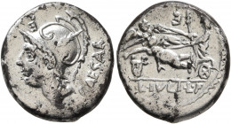 L. Julius L.f. Caesar, 103 BC. Denarius (Silver, 17 mm, 3.64 g, 12 h), Rome. Helmeted head of Mars to left; above, E. Rev. Venus Genetrix driving biga...