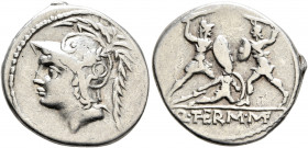 Q. Thermus M.f, 103 BC. Denarius (Silver, 19 mm, 3.87 g, 9 h), Rome. Head of Mars to left, wearing crested helmet decorated with two volutes and a plu...