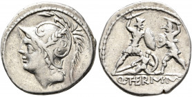 Q. Thermus M.f, 103 BC. Denarius (Silver, 20 mm, 3.75 g, 4 h), Rome. Head of Mars to left, wearing crested helmet decorated with two volutes and a plu...