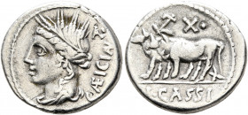 L. Cassius Caecianus, 102 BC. Denarius (Silver, 18 mm, 3.82 g, 6 h), Rome. CAEICIAN Draped bust of Ceres to left, wearing barley wreath; behind head, ...