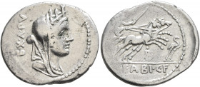 C. Fabius C.f. Hadrianus, 102 BC. Denarius (Silver, 22 mm, 3.95 g, 7 h), Rome. EX•A•PV Veiled and turreted bust of Cybele to right. Rev. C•FABI•C•F Vi...