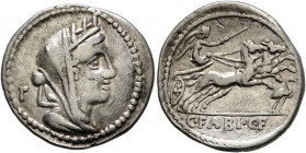 C. Fabius C.f. Hadrianus, 102 BC. Denarius (Silver, 21 mm, 3.94 g, 9 h), Rome. Veiled and turreted bust of Cybele to right; behind, Γ. Rev. C•FABI•C•F...