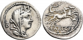 C. Fabius C.f. Hadrianus, 102 BC. Denarius (Silver, 20 mm, 3.87 g, 9 h), Rome. Veiled and turreted bust of Cybele to right; behind, B. Rev. C•FABI•CF ...