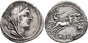 C. Fabius C.f. Hadrianus, 102 BC. Denarius (Silver, 20 mm, 3.38 g, 9 h), Rome. Turreted and veiled head of Cybele right; behind, A. Rev. Victory drivi...