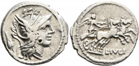 L. Julius, 101 BC. Denarius (Silver, 19 mm, 3.71 g, 12 h), Rome. Head of Roma to right, wearing winged helmet, pendant earring and pearl necklace; beh...